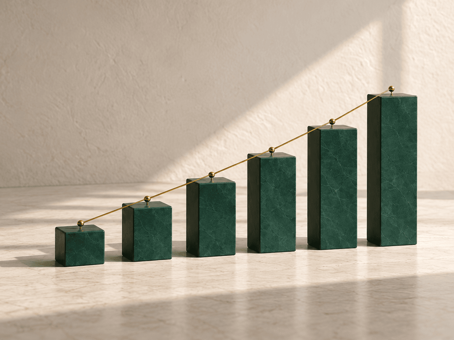 Six ascending green stone blocks connected by a fine brass line, representing progress one stage at a time.