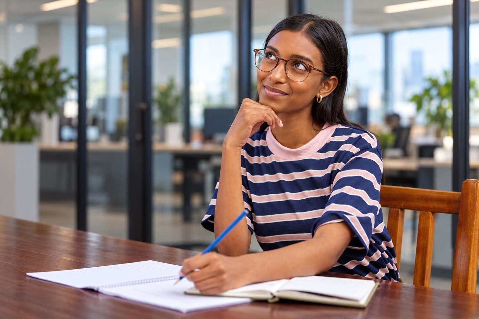 Professional studying business concepts with a laptop and notebook